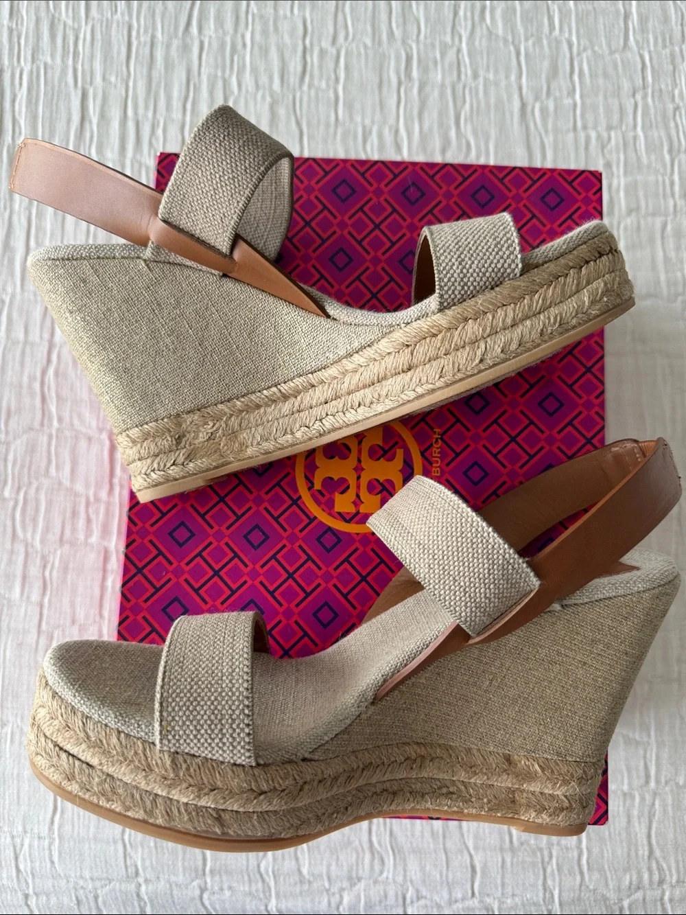 Tory Burch 120MM 2 Band Wedge Slingback Sandal - Gold/Natural/Tan, Size 8.5
